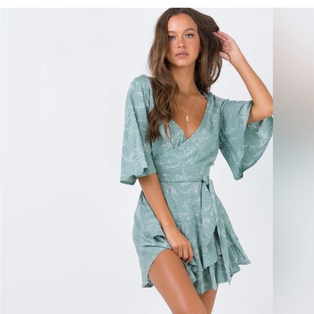 Princess Polly ‘Louie’ Sage Green Floral Tie Waist Ruffle Romper